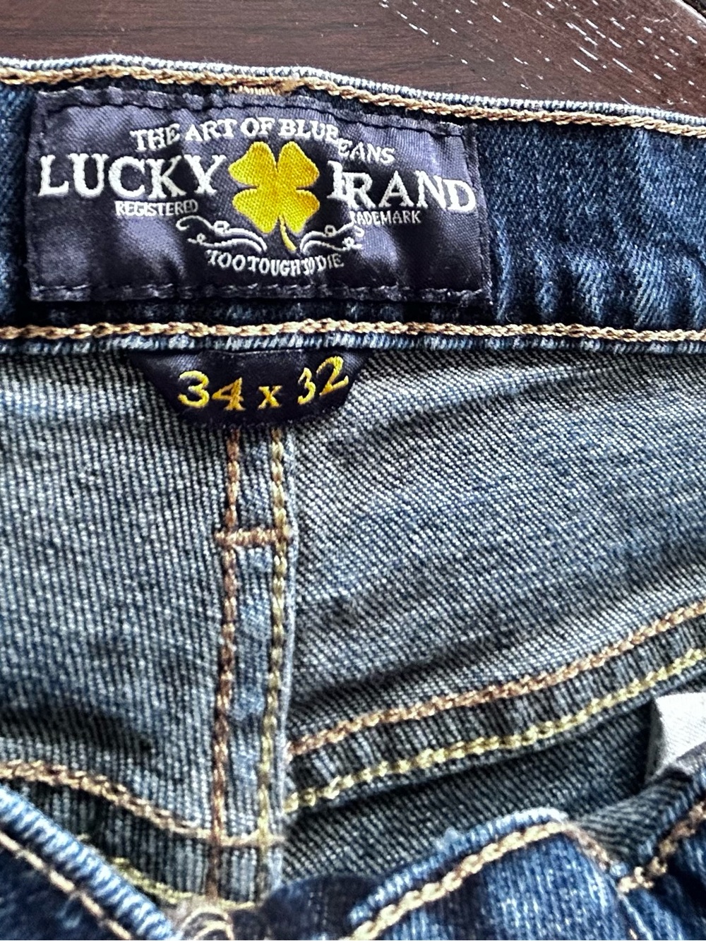 Lucky Brand Men's Dark Blue Denim Jeans with Yellow Stitching